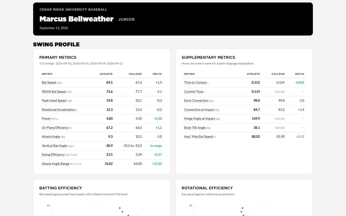 Hitter Dev Report swing profile for an example athlete